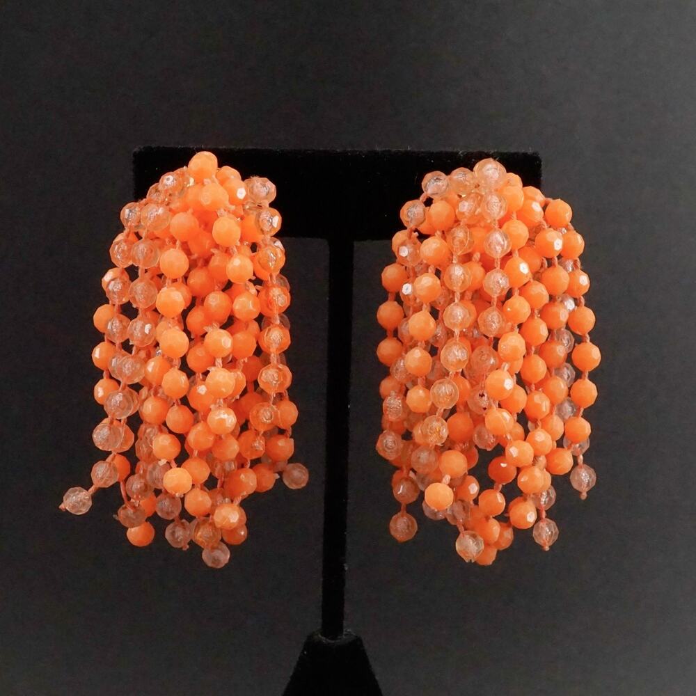 Vintage Cha Cha Clip-On Beaded Waterfall Earrings Orange Acrylic Retro